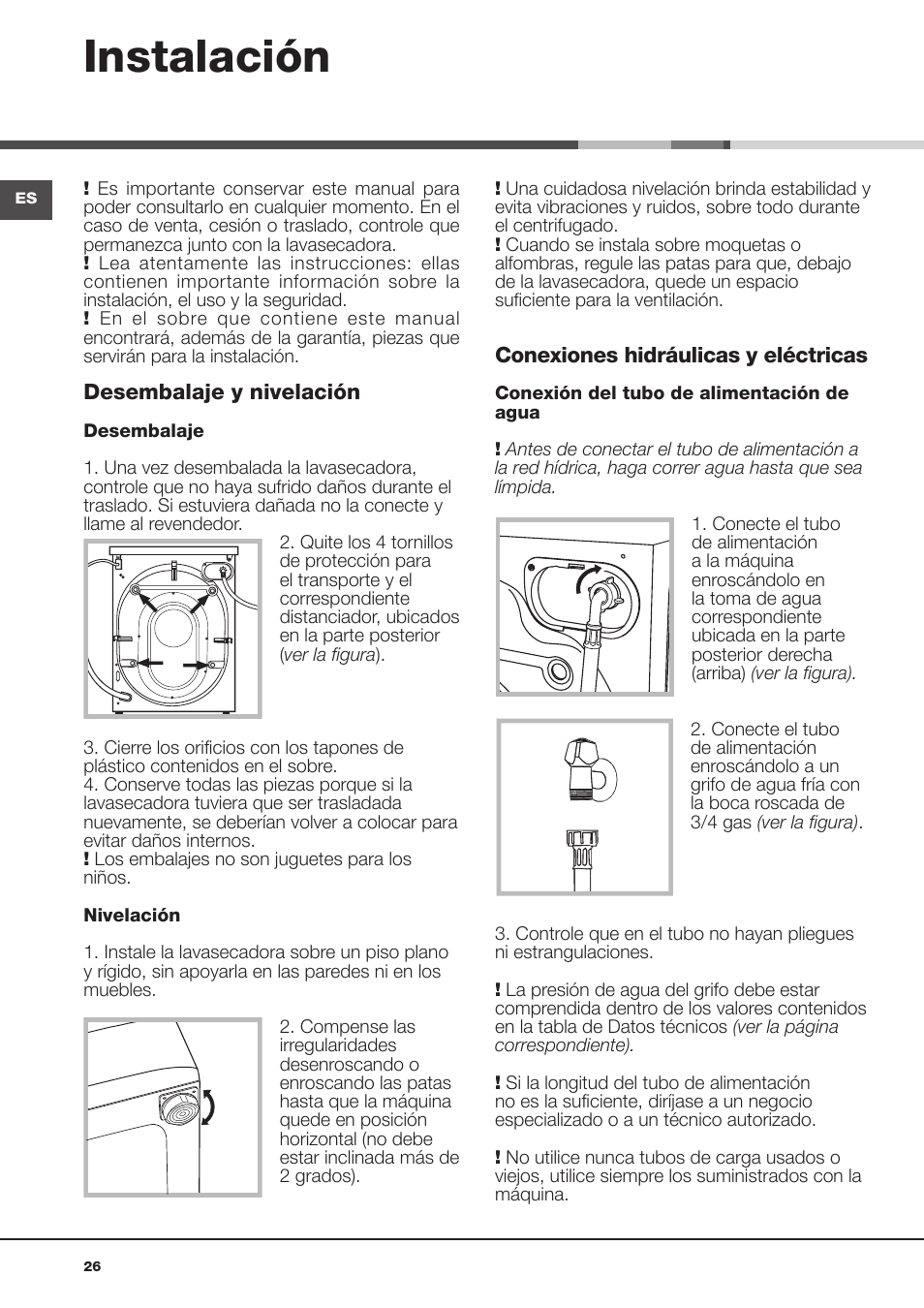 Instalación | Hotpoint Ariston AQD1070D 69 User Manual | Page 26 / 60