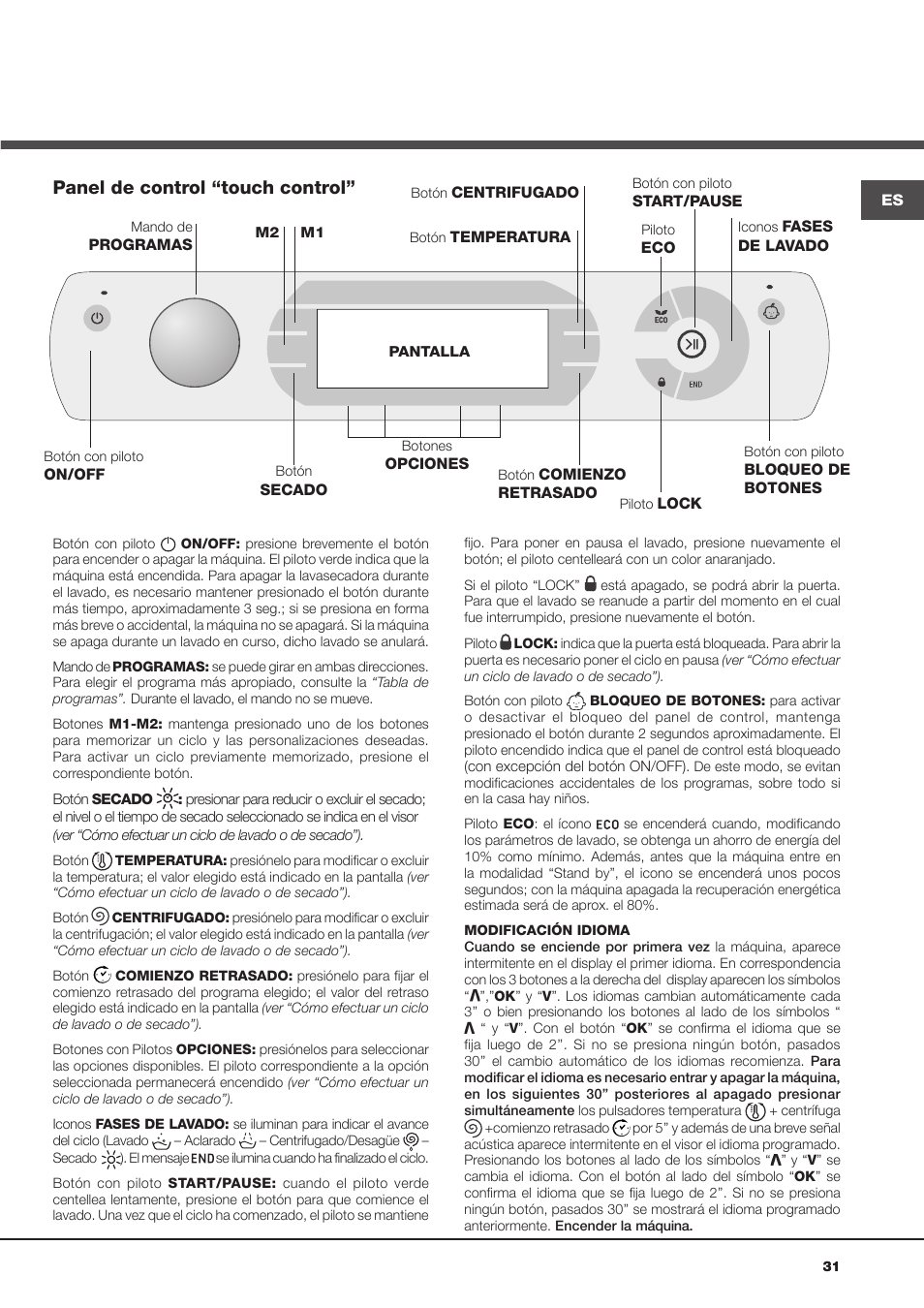 Panel de control “touch control | Hotpoint Ariston AQD1070D 69 User Manual | Page 31 / 60