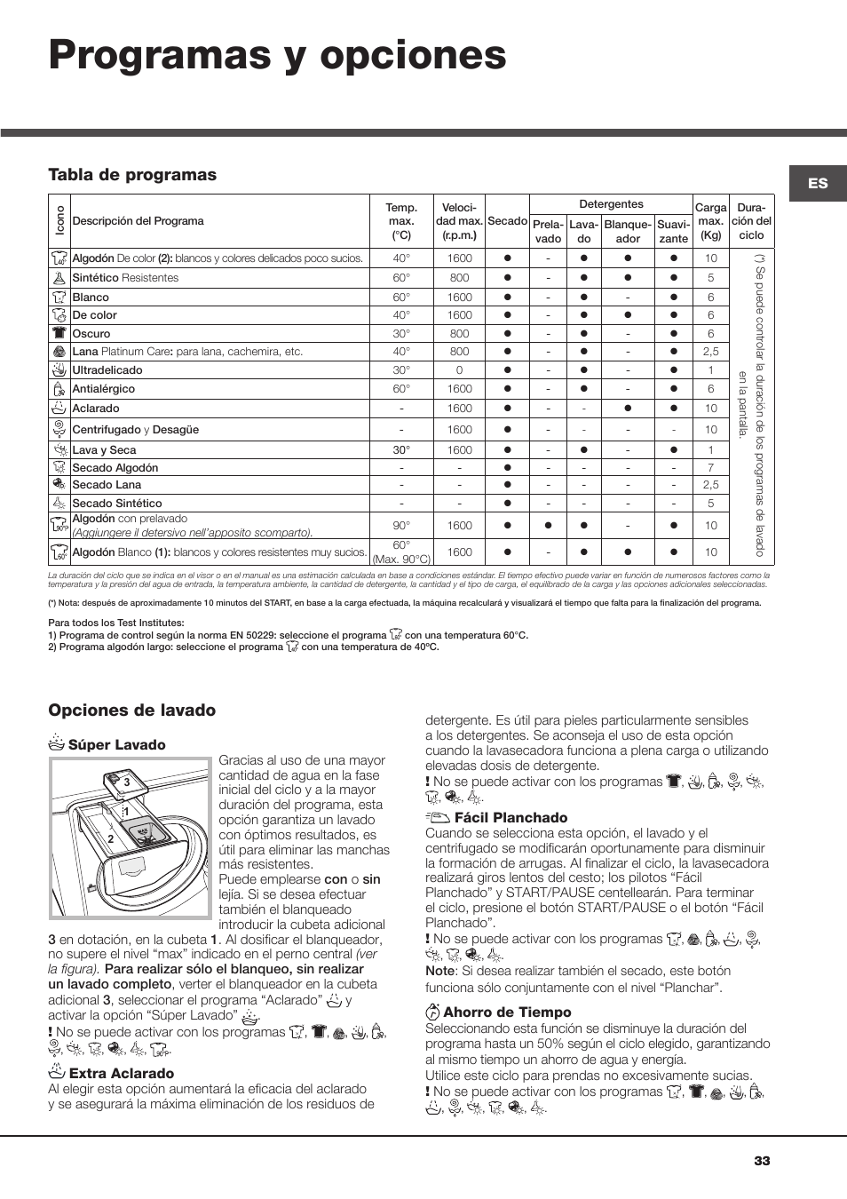 Programas y opciones, Opciones de lavado, Tabla de programas | Hotpoint Ariston AQD1070D 69 User Manual | Page 33 / 60