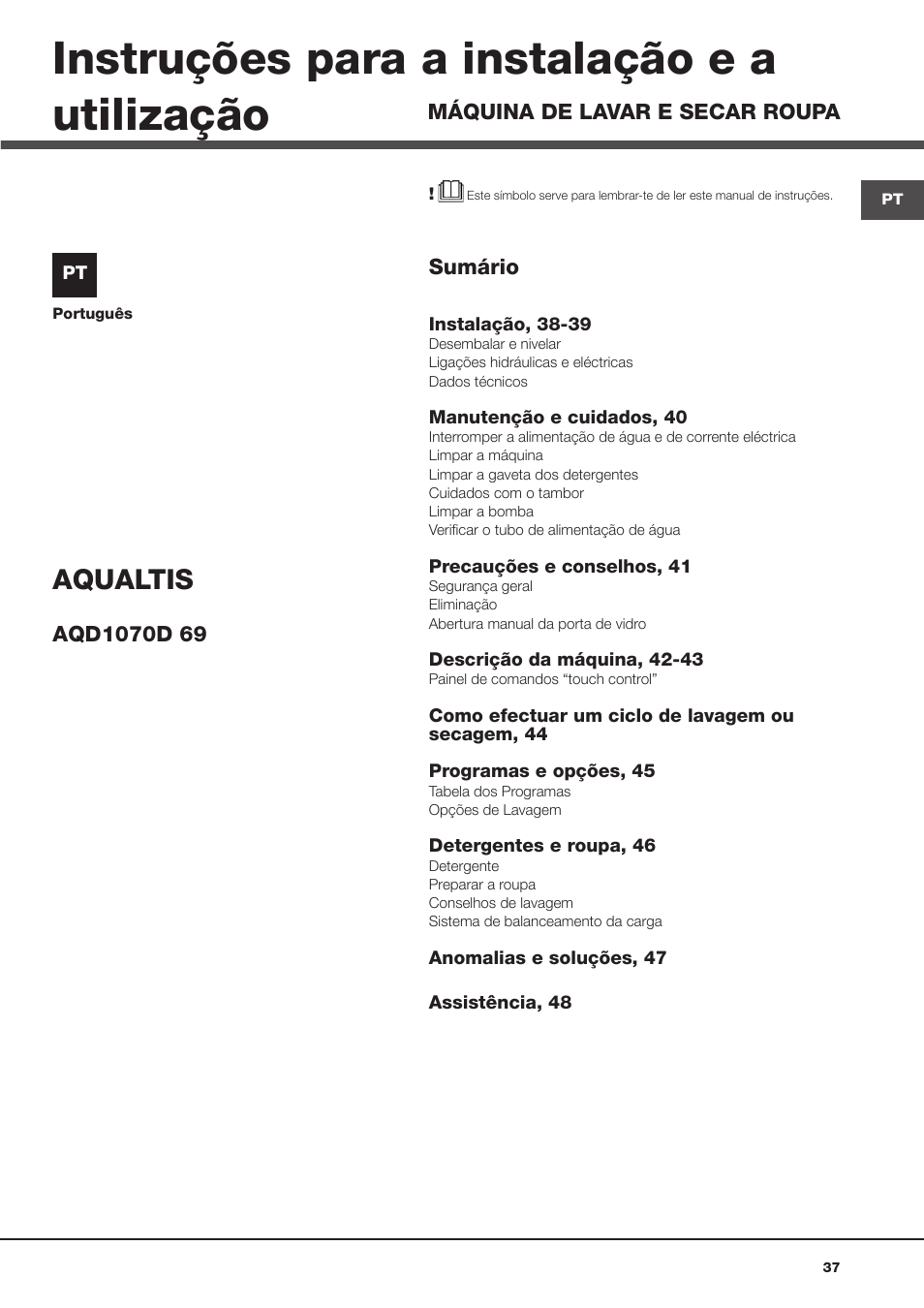 Instruções para a instalação e a utilização, Aqualtis | Hotpoint Ariston AQD1070D 69 User Manual | Page 37 / 60