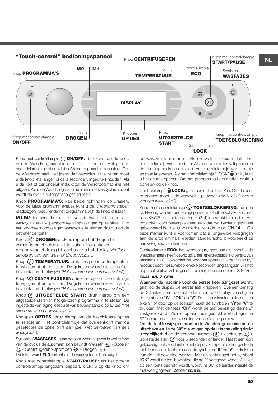 Touch-control” bedieningspaneel | Hotpoint Ariston AQD1070D 69 User Manual | Page 55 / 60