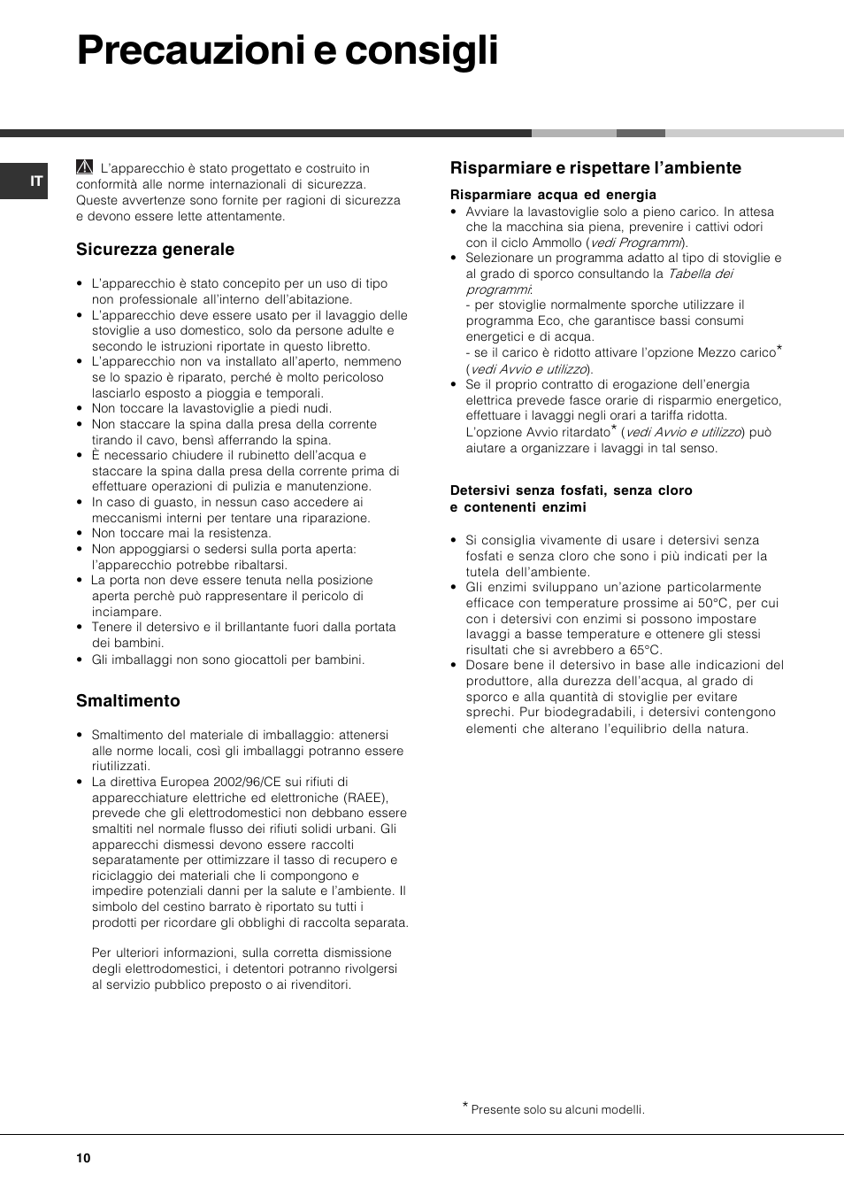 Precauzioni e consigli, Sicurezza generale, Smaltimento | Risparmiare e rispettare lambiente | Hotpoint Ariston LFT 216 User Manual | Page 10 / 84