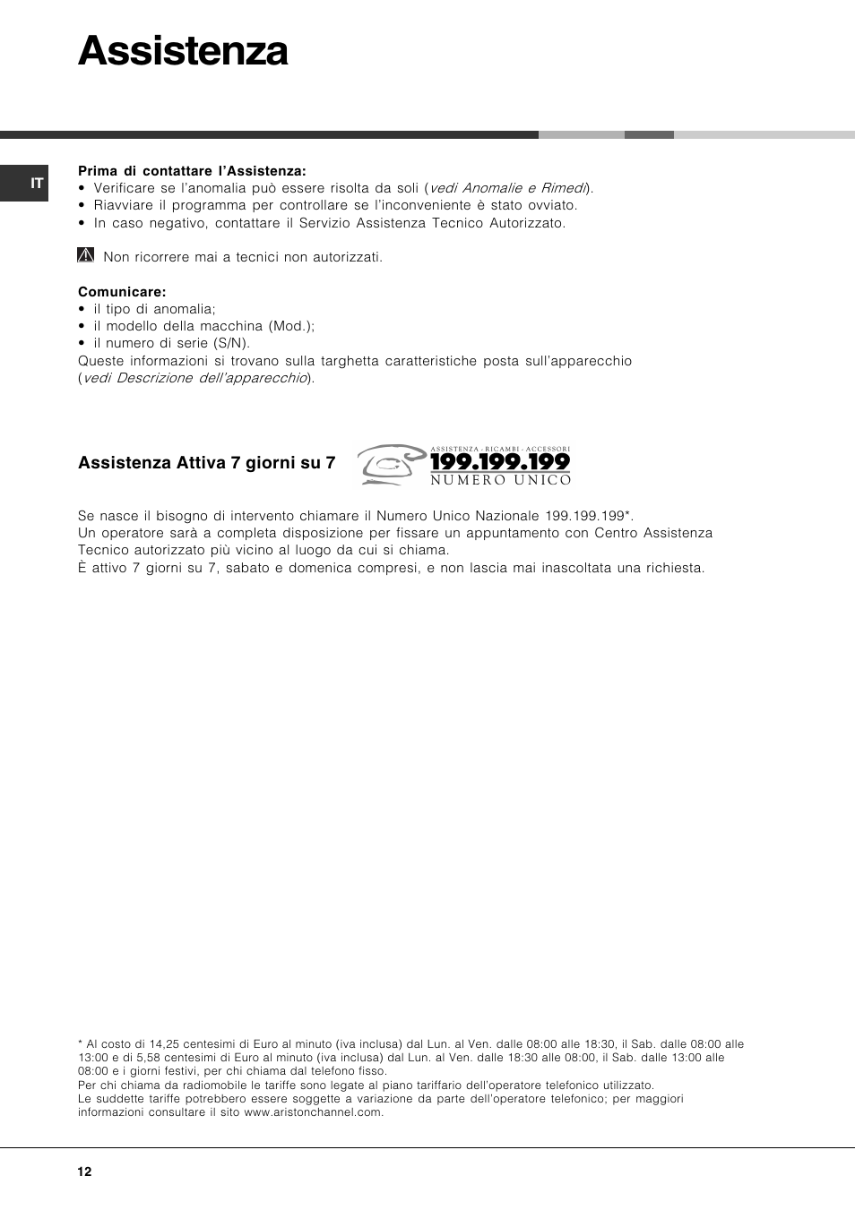 Assistenza | Hotpoint Ariston LFT 216 User Manual | Page 12 / 84