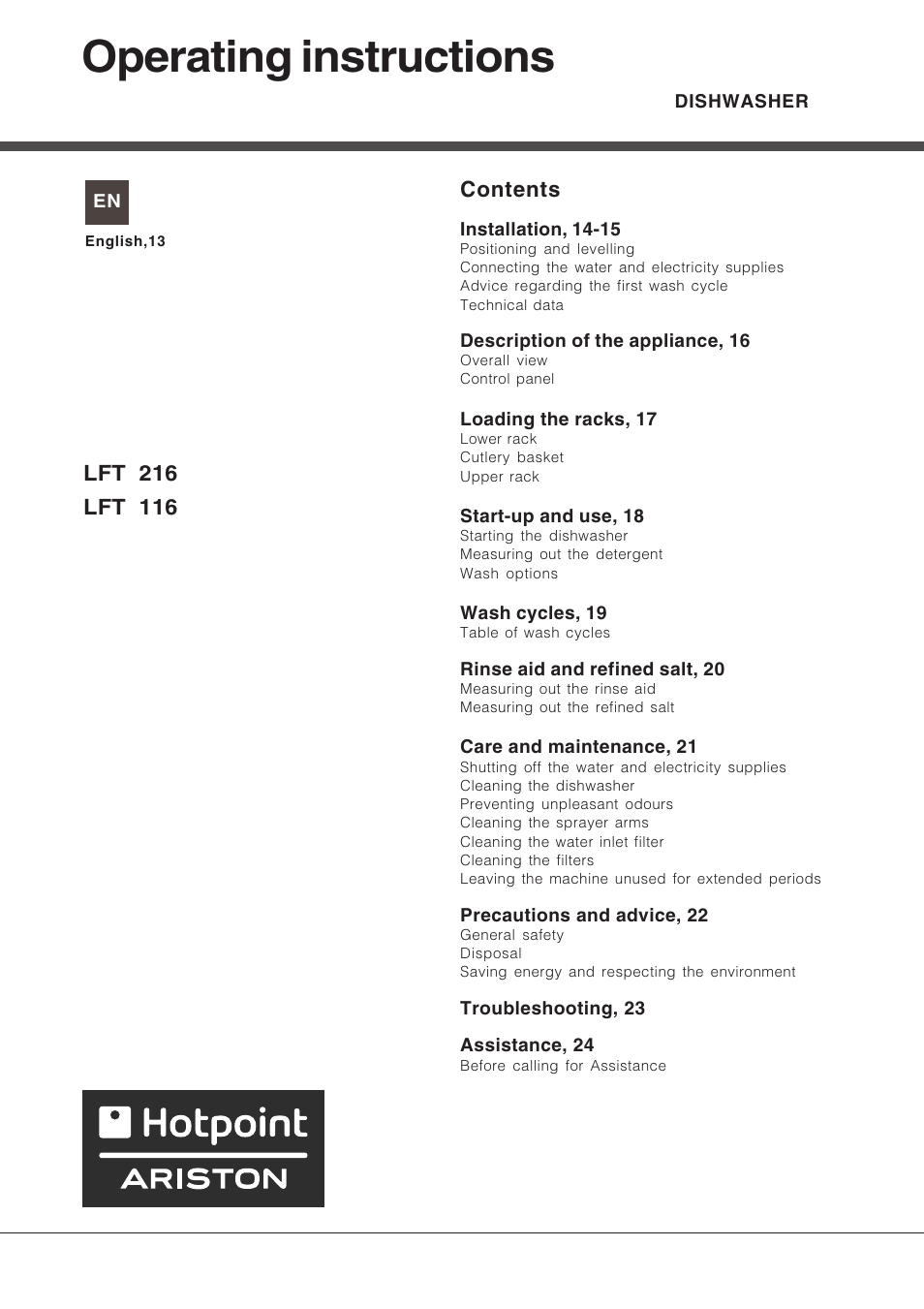 Hotpoint Ariston LFT 216 User Manual | Page 13 / 84