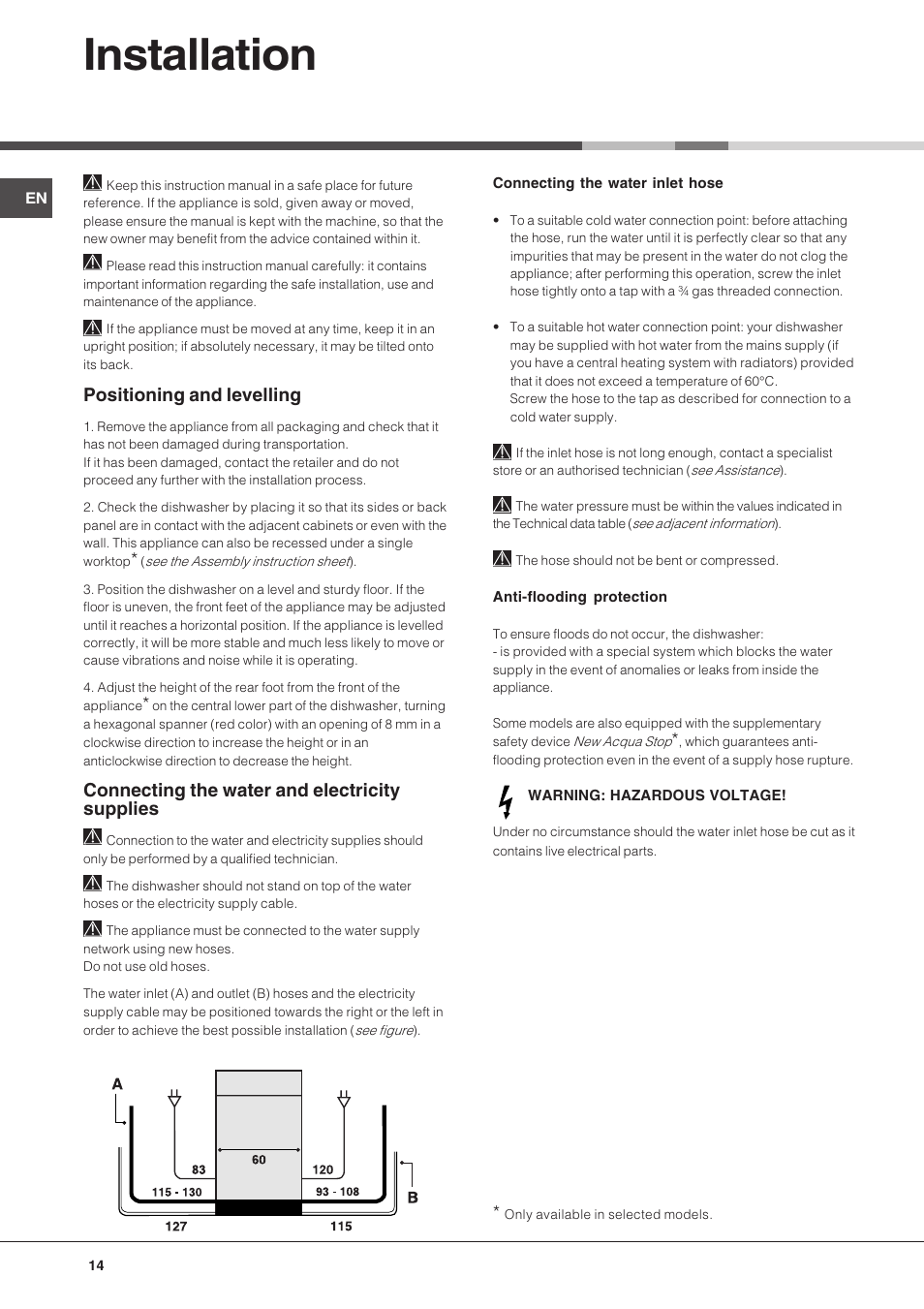 Installation, Positioning and levelling, Connecting the water and electricity supplies | Hotpoint Ariston LFT 216 User Manual | Page 14 / 84