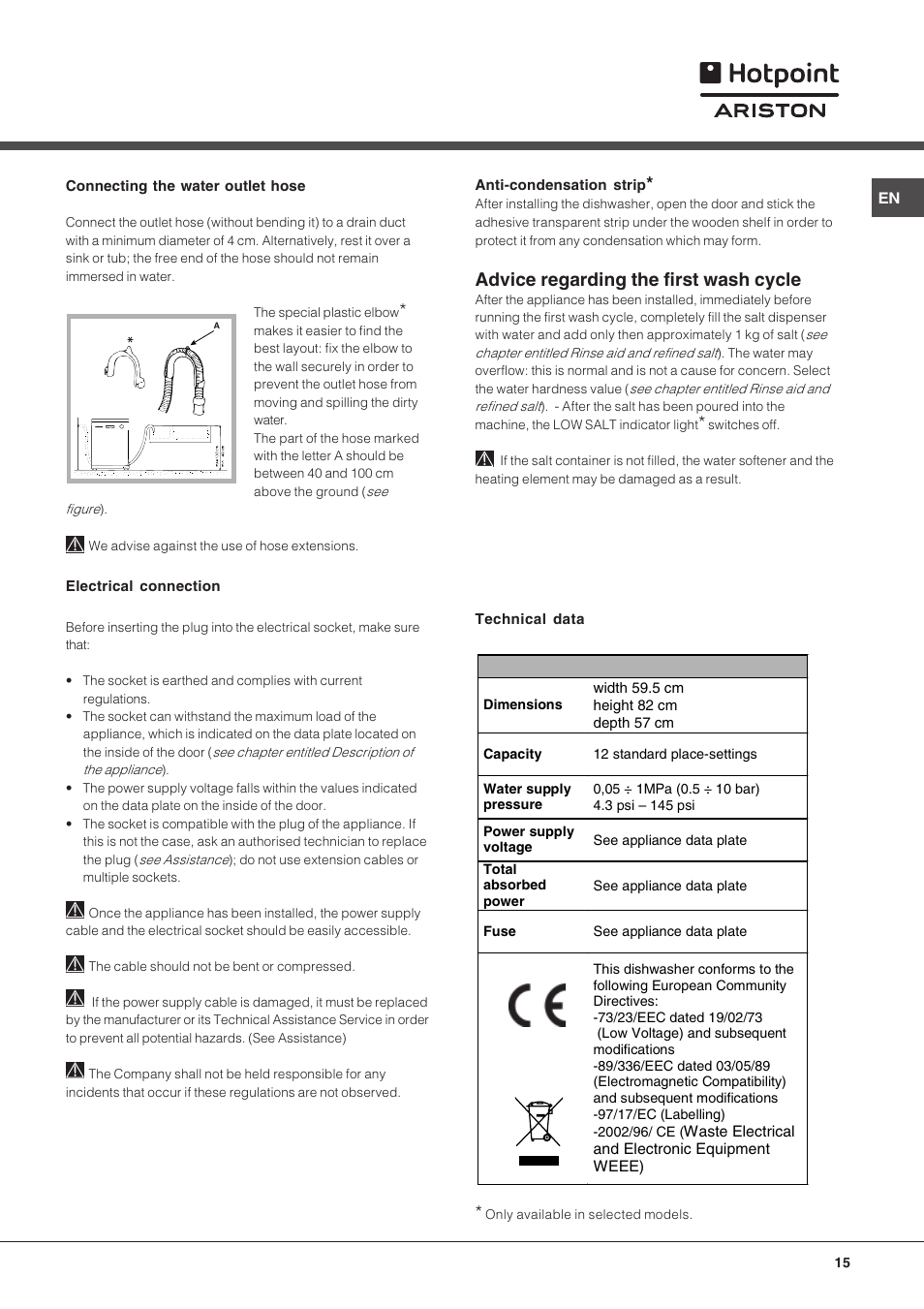 Advice regarding the first wash cycle | Hotpoint Ariston LFT 216 User Manual | Page 15 / 84