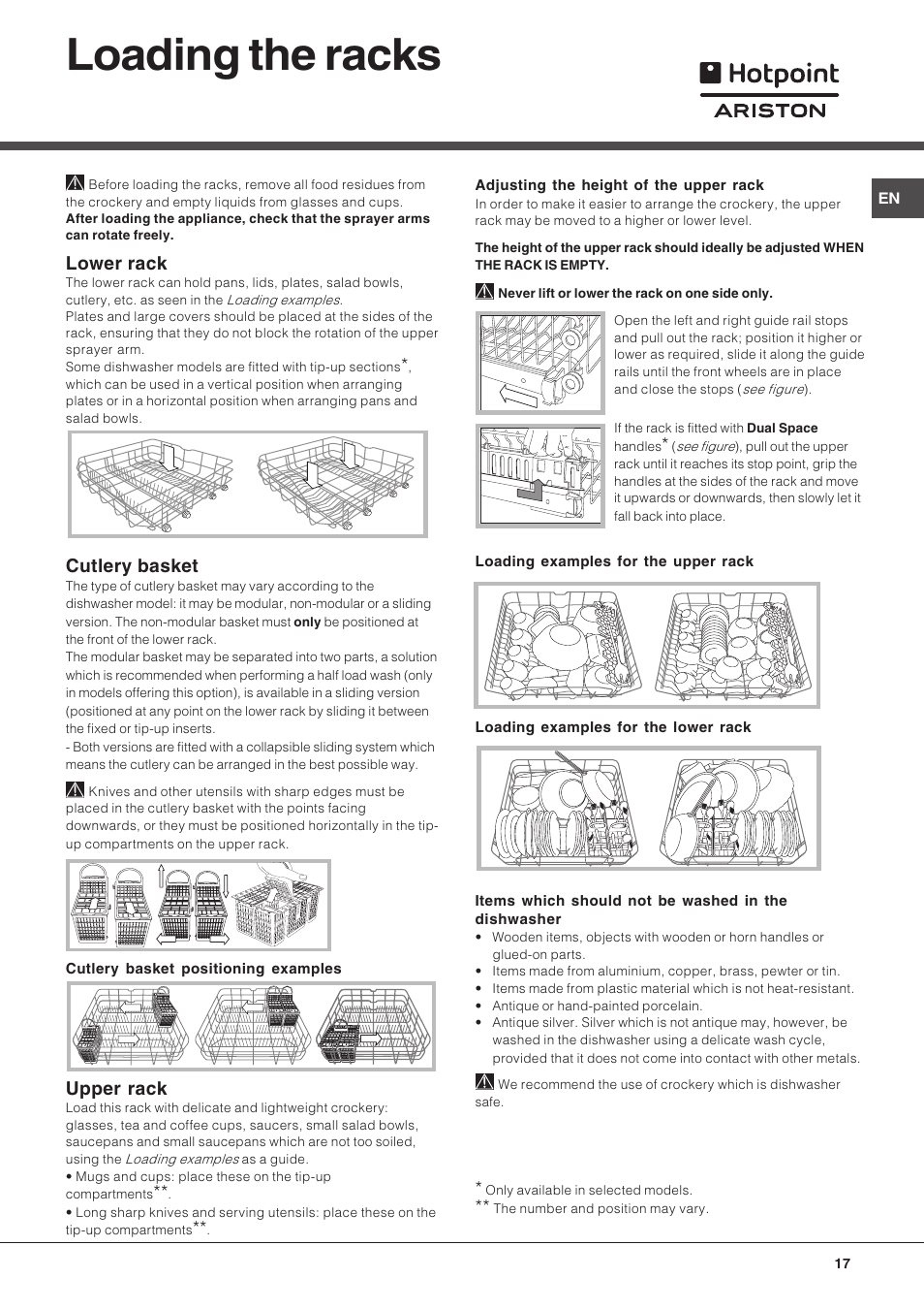 Loading the racks, Lower rack, Cutlery basket | Upper rack | Hotpoint Ariston LFT 216 User Manual | Page 17 / 84