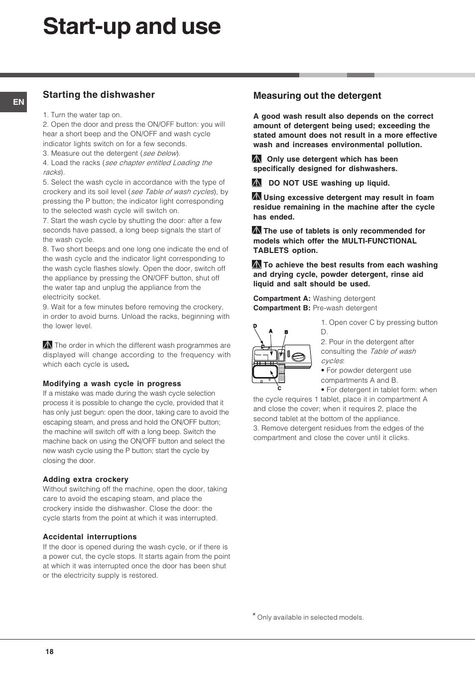 Start-up and use, Measuring out the detergent, Starting the dishwasher | Hotpoint Ariston LFT 216 User Manual | Page 18 / 84