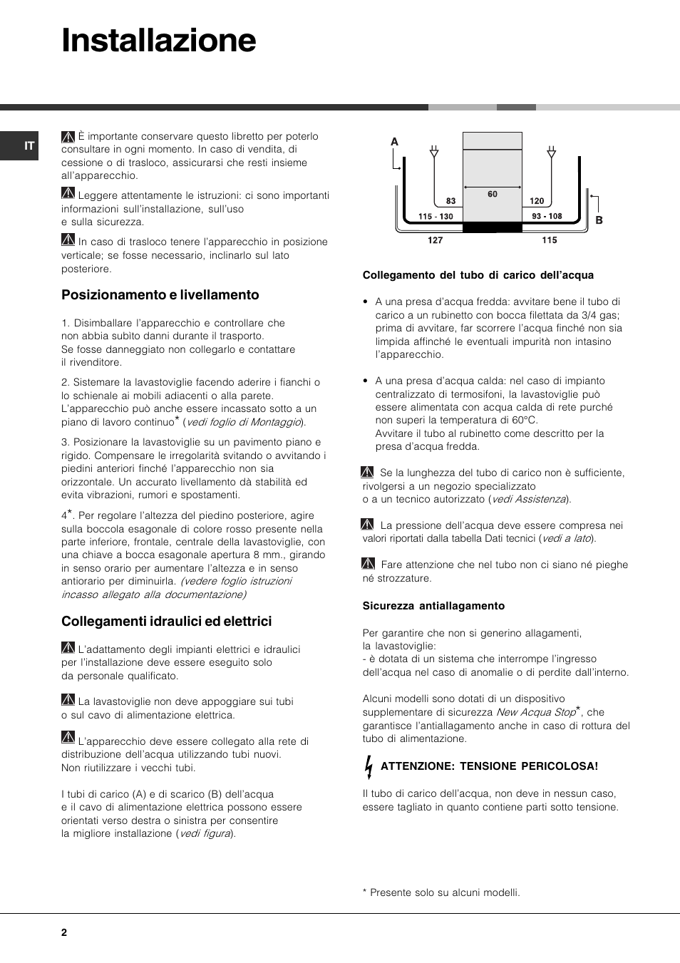 Installazione, Posizionamento e livellamento, Collegamenti idraulici ed elettrici | Hotpoint Ariston LFT 216 User Manual | Page 2 / 84