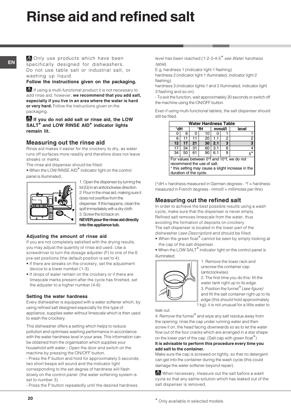 Rinse aid and refined salt, Measuring out the rinse aid, Measuring out the refined salt | Hotpoint Ariston LFT 216 User Manual | Page 20 / 84