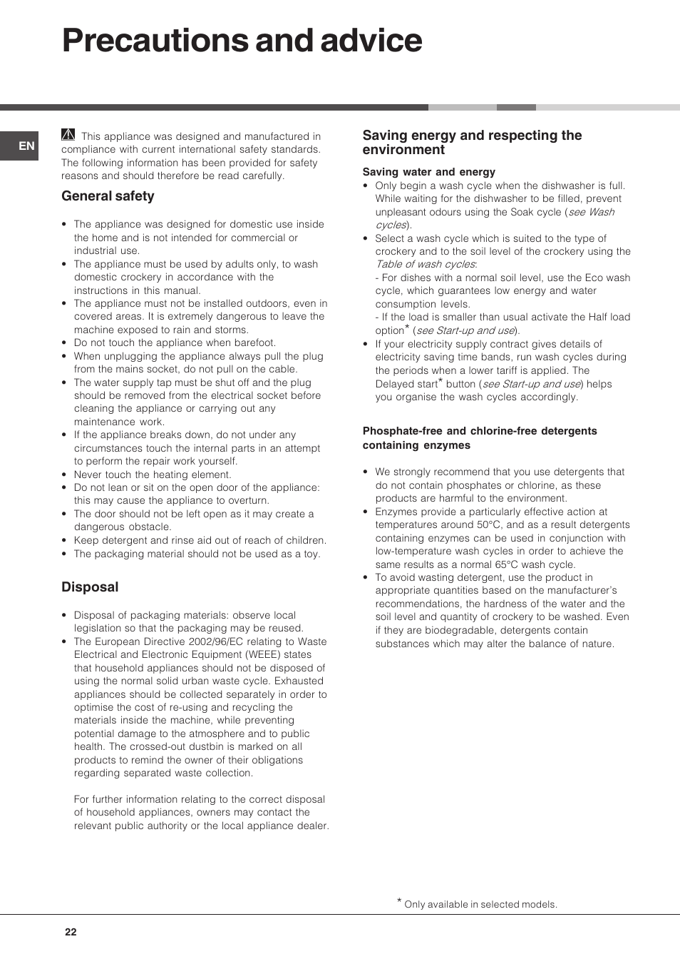 Precautions and advice, General safety, Disposal | Saving energy and respecting the environment | Hotpoint Ariston LFT 216 User Manual | Page 22 / 84