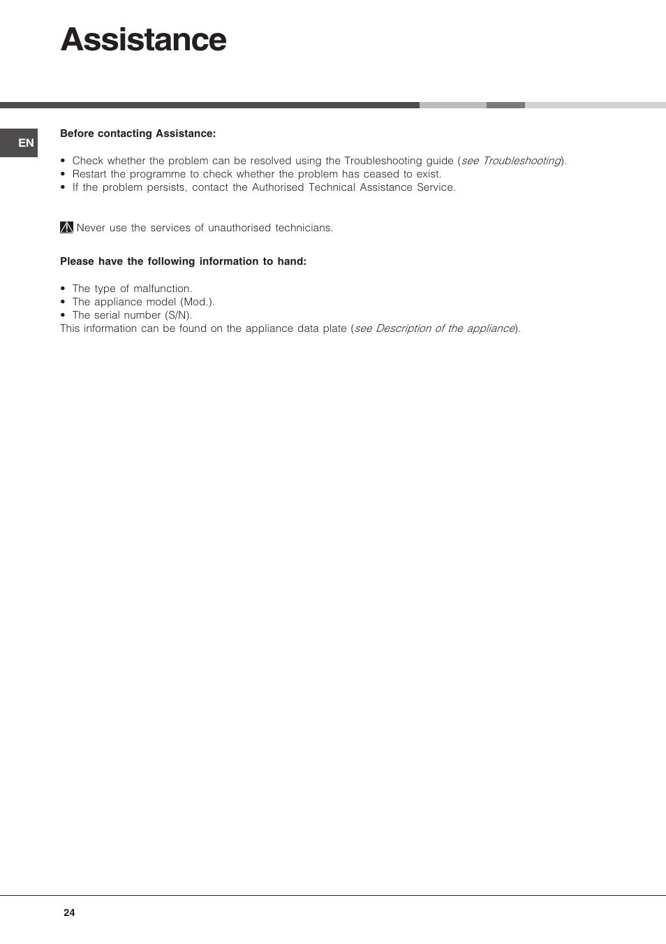 Assistance | Hotpoint Ariston LFT 216 User Manual | Page 24 / 84