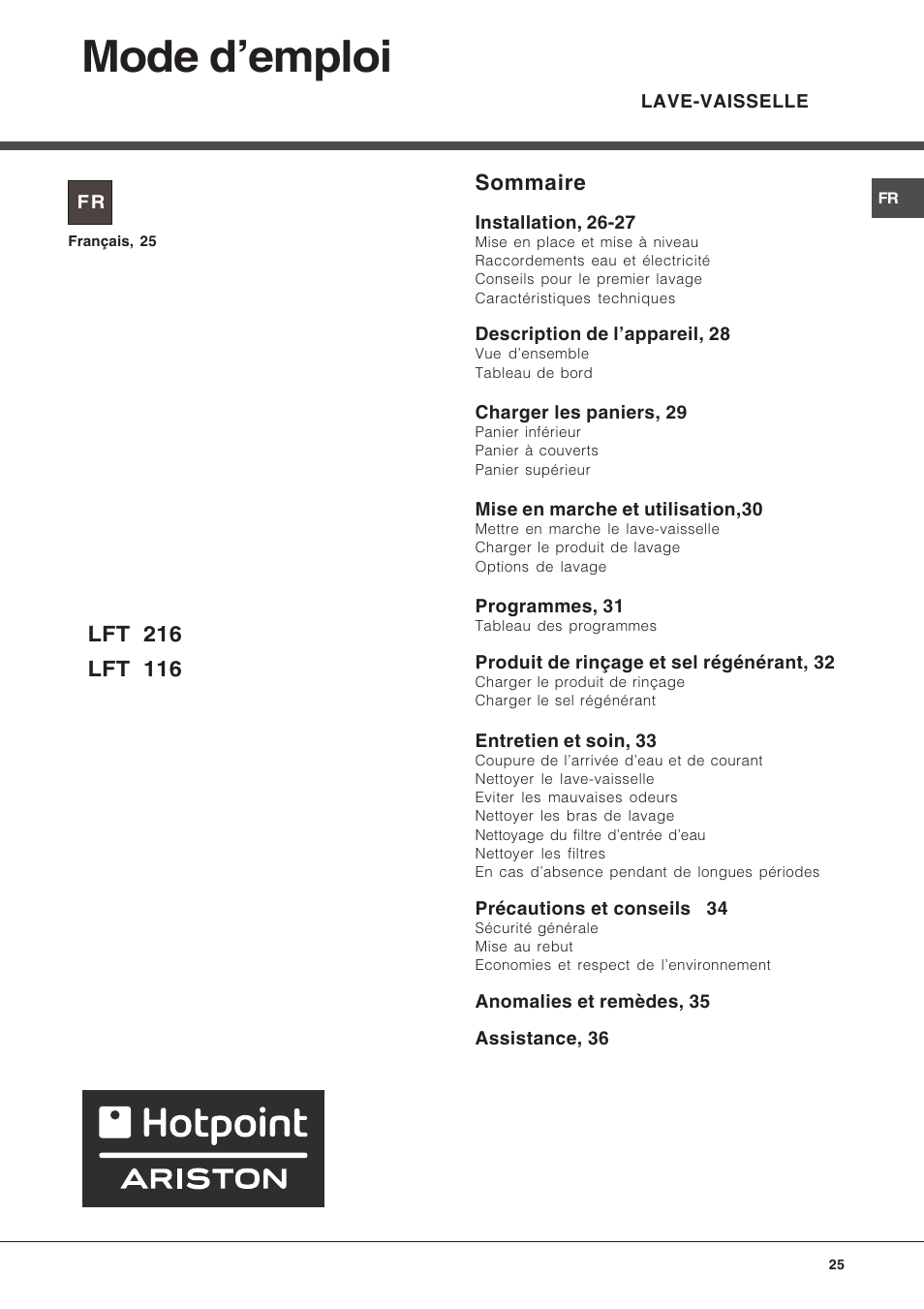 Mode demploi, Sommaire | Hotpoint Ariston LFT 216 User Manual | Page 25 / 84