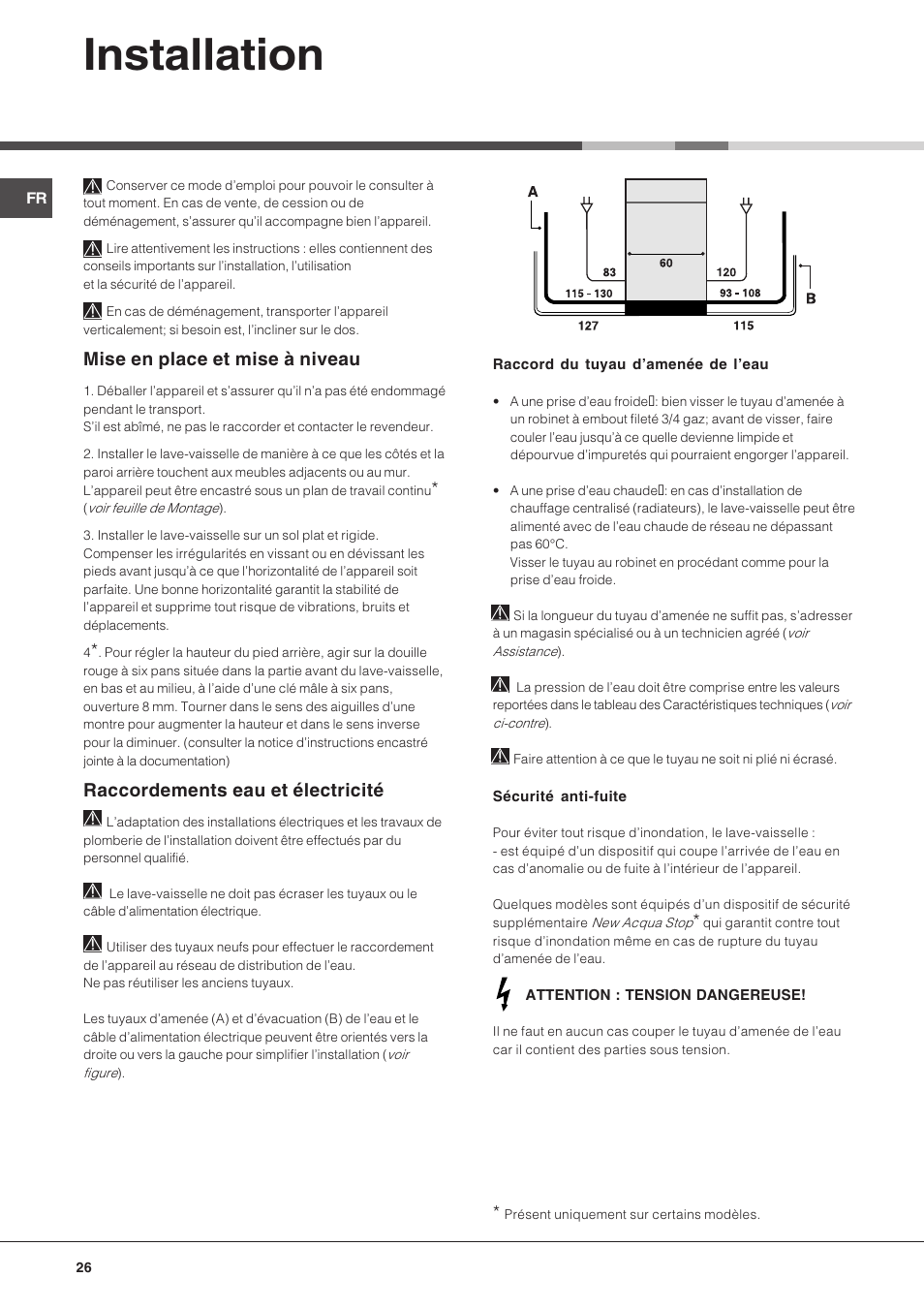 Installation, Mise en place et mise à niveau, Raccordements eau et électricité | Hotpoint Ariston LFT 216 User Manual | Page 26 / 84
