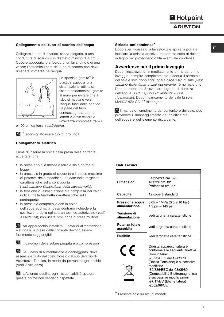 Avvertenze per il primo lavaggio | Hotpoint Ariston LFT 216 User Manual | Page 3 / 84
