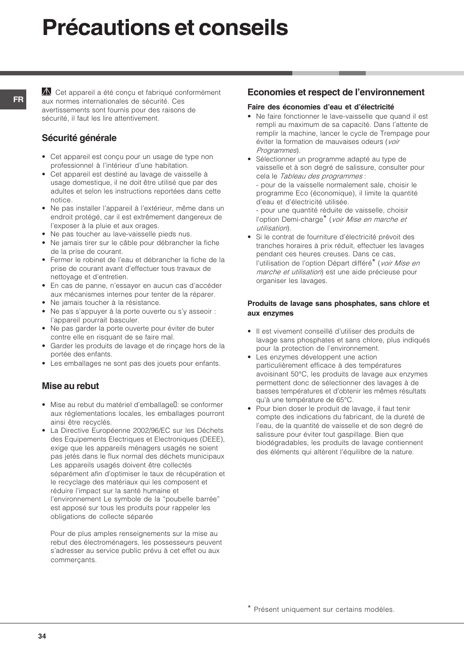 Précautions et conseils, Sécurité générale, Mise au rebut | Economies et respect de lenvironnement | Hotpoint Ariston LFT 216 User Manual | Page 34 / 84
