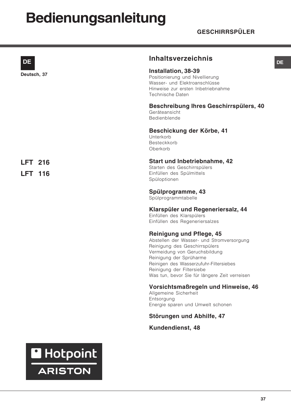 Hotpoint Ariston LFT 216 User Manual | Page 37 / 84