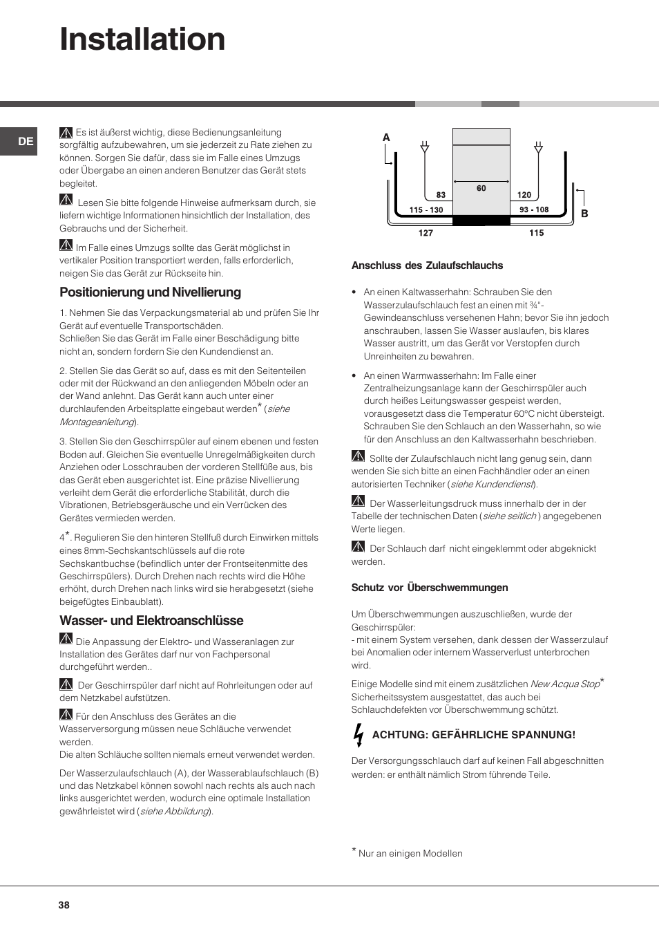 Installation, Positionierung und nivellierung, Wasser- und elektroanschlüsse | Hotpoint Ariston LFT 216 User Manual | Page 38 / 84