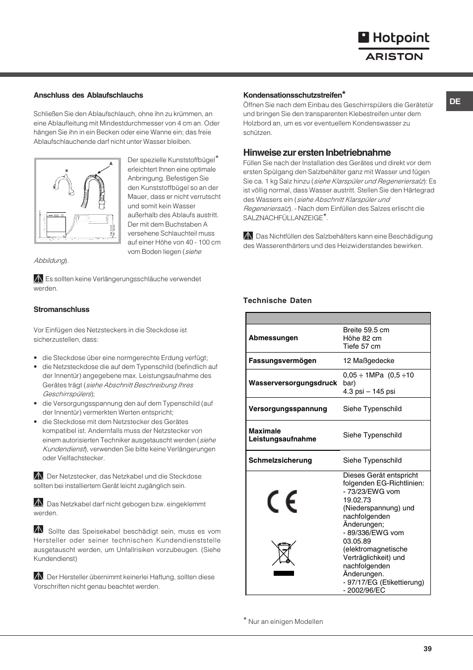 Hinweise zur ersten inbetriebnahme | Hotpoint Ariston LFT 216 User Manual | Page 39 / 84