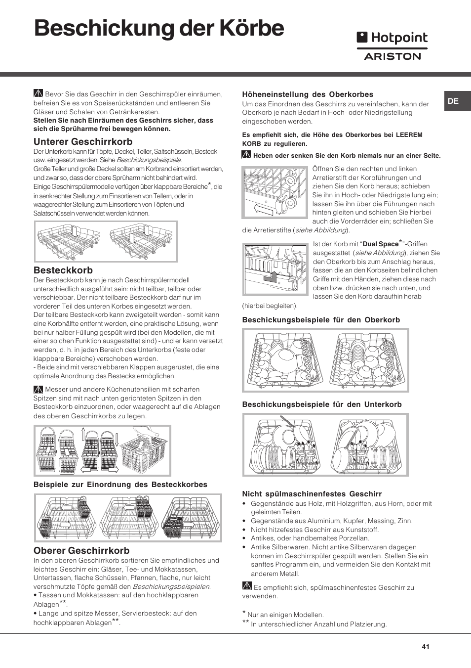 Beschickung der körbe, Unterer geschirrkorb, Besteckkorb | Oberer geschirrkorb | Hotpoint Ariston LFT 216 User Manual | Page 41 / 84