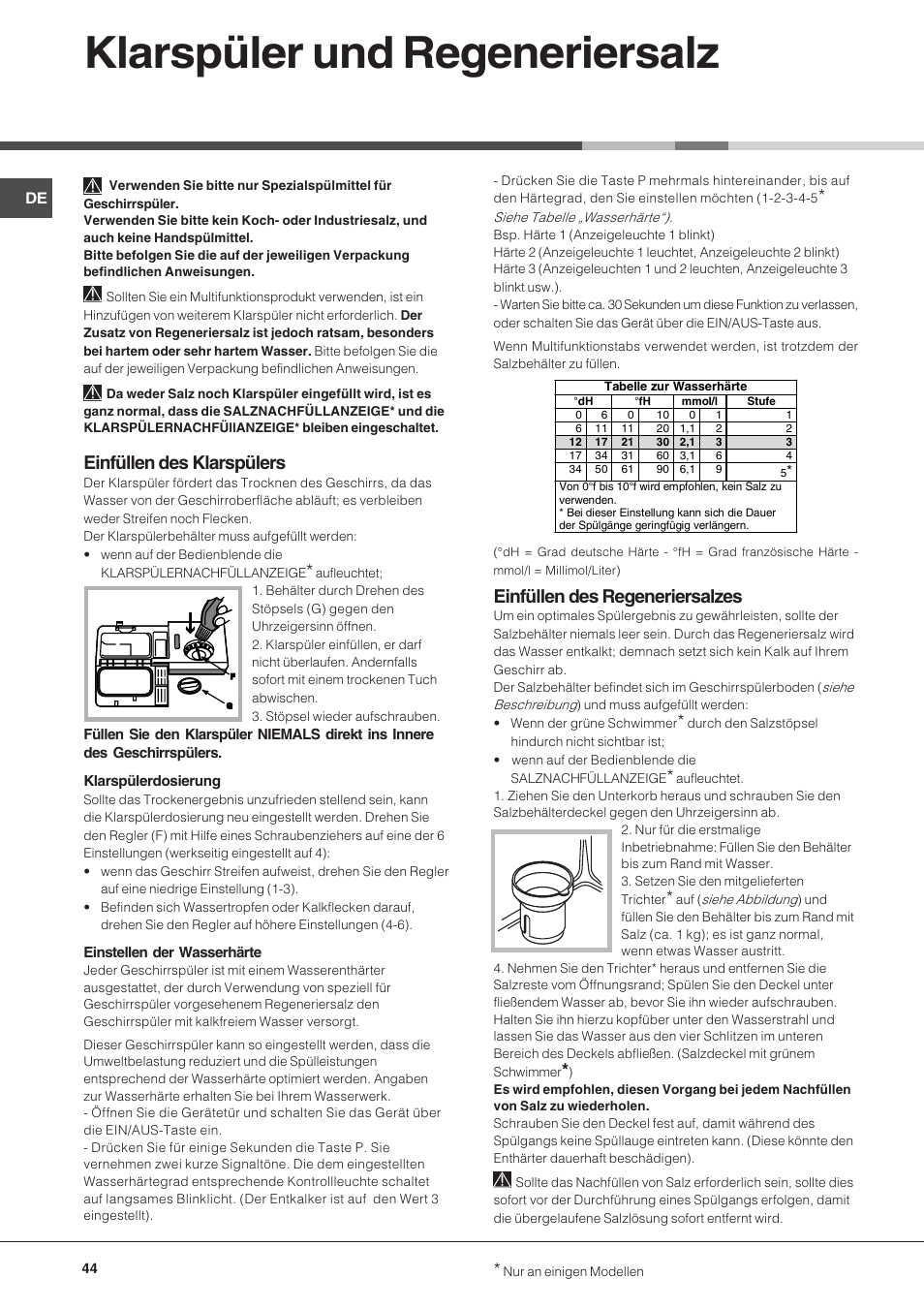 Klarspüler und regeneriersalz, Einfüllen des klarspülers, Einfüllen des regeneriersalzes | Hotpoint Ariston LFT 216 User Manual | Page 44 / 84