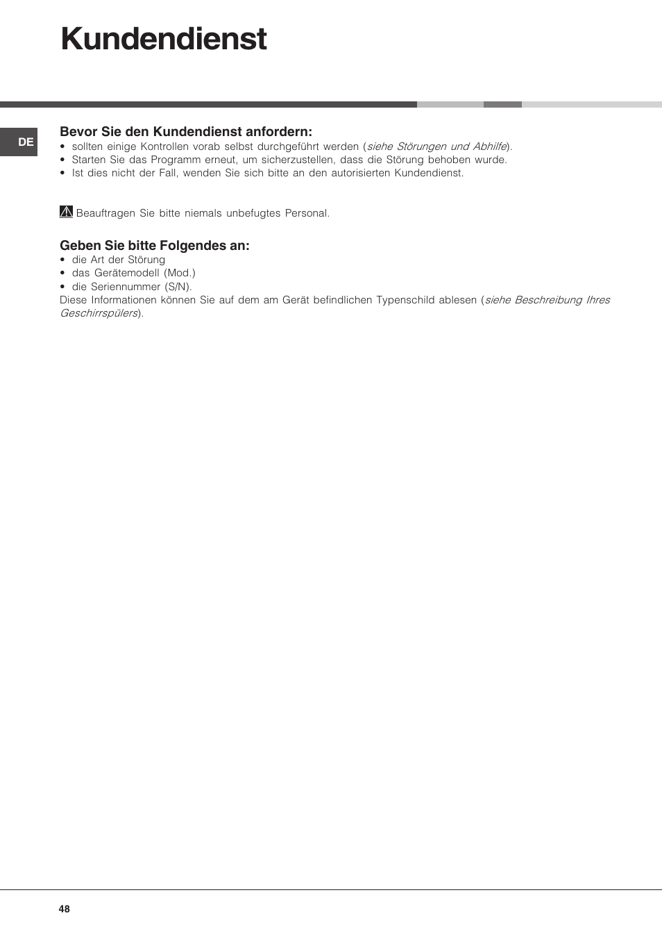 Kundendienst | Hotpoint Ariston LFT 216 User Manual | Page 48 / 84