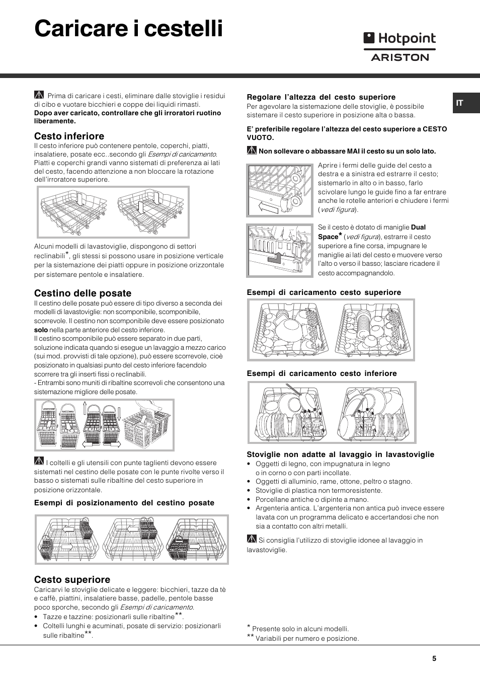 Caricare i cestelli, Cesto inferiore, Cestino delle posate | Cesto superiore | Hotpoint Ariston LFT 216 User Manual | Page 5 / 84