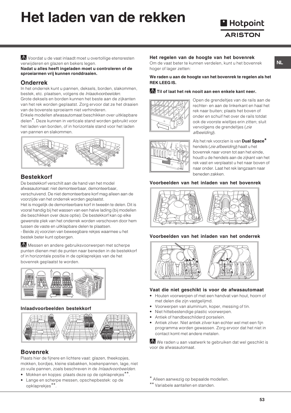 Het laden van de rekken, Onderrek, Bestekkorf | Bovenrek | Hotpoint Ariston LFT 216 User Manual | Page 53 / 84