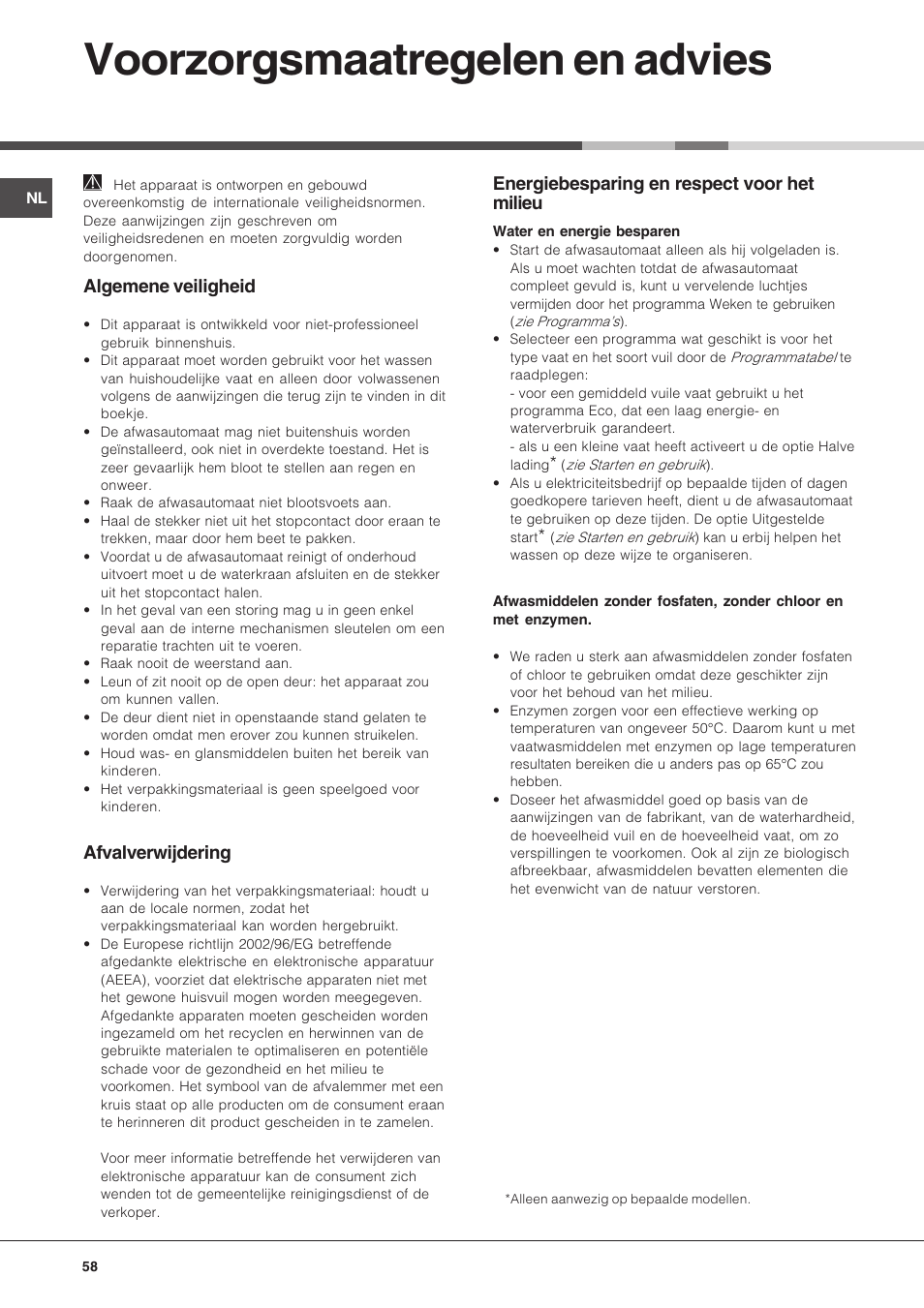 Voorzorgsmaatregelen en advies, Algemene veiligheid, Afvalverwijdering | Energiebesparing en respect voor het milieu | Hotpoint Ariston LFT 216 User Manual | Page 58 / 84