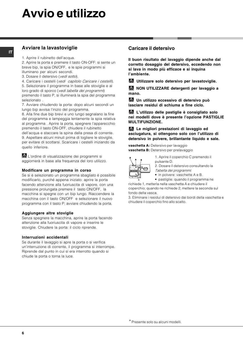 Avvio e utilizzo, Avviare la lavastoviglie, Caricare il detersivo | Hotpoint Ariston LFT 216 User Manual | Page 6 / 84