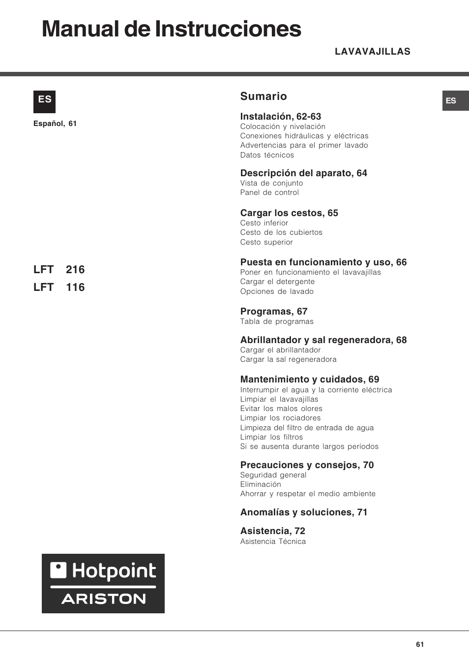 Manual de instrucciones, Sumario | Hotpoint Ariston LFT 216 User Manual | Page 61 / 84