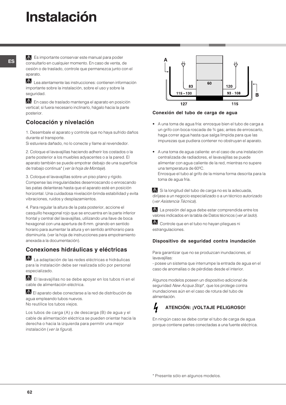 Instalación, Colocación y nivelación, Conexiones hidráulicas y eléctricas | Hotpoint Ariston LFT 216 User Manual | Page 62 / 84