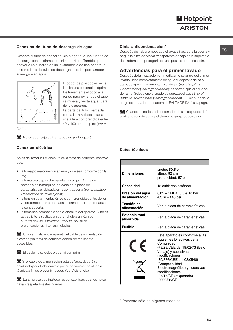Advertencias para el primer lavado | Hotpoint Ariston LFT 216 User Manual | Page 63 / 84