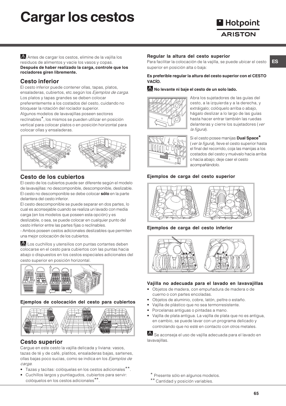 Cargar los cestos, Cesto inferior, Cesto de los cubiertos | Cesto superior | Hotpoint Ariston LFT 216 User Manual | Page 65 / 84