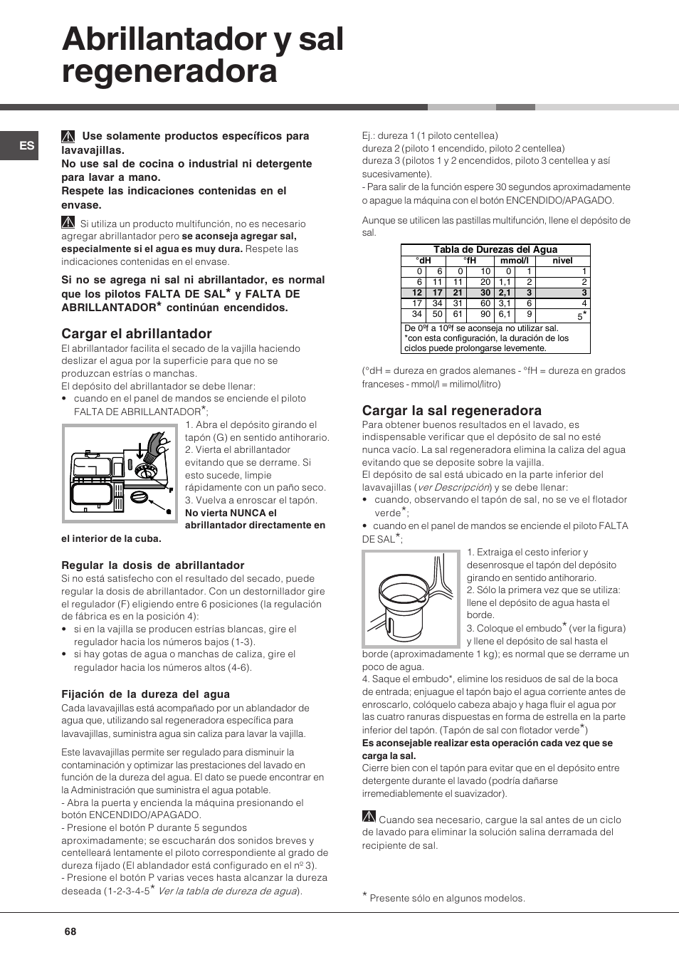 Abrillantador y sal regeneradora, Cargar el abrillantador, Cargar la sal regeneradora | Hotpoint Ariston LFT 216 User Manual | Page 68 / 84