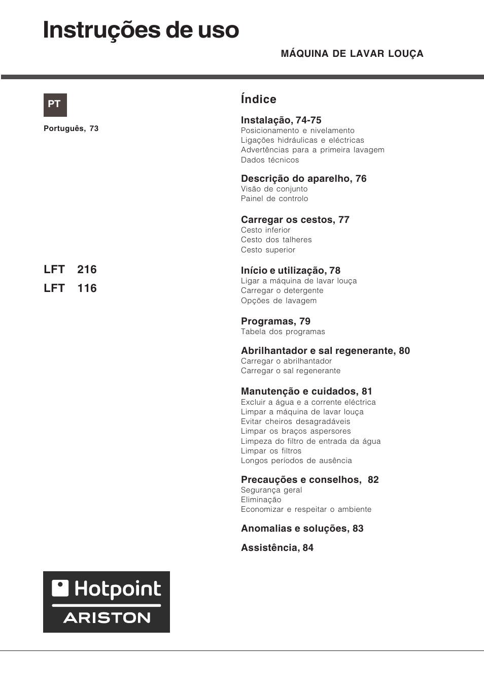 Instruções de uso, Índice | Hotpoint Ariston LFT 216 User Manual | Page 73 / 84