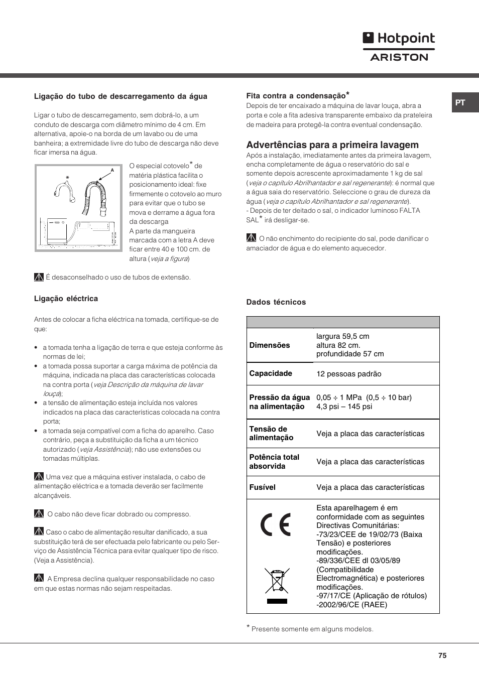 Advertências para a primeira lavagem | Hotpoint Ariston LFT 216 User Manual | Page 75 / 84