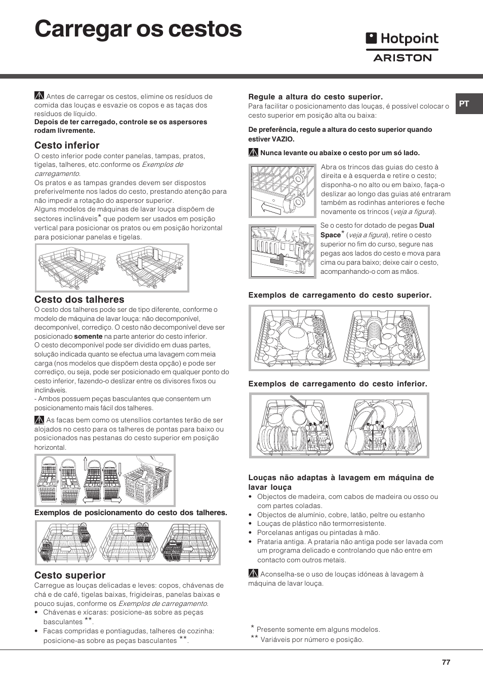 Carregar os cestos, Cesto inferior, Cesto dos talheres | Cesto superior | Hotpoint Ariston LFT 216 User Manual | Page 77 / 84