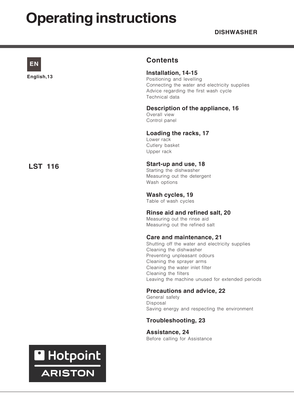 Hotpoint Ariston LST 116 HA User Manual | Page 13 / 84