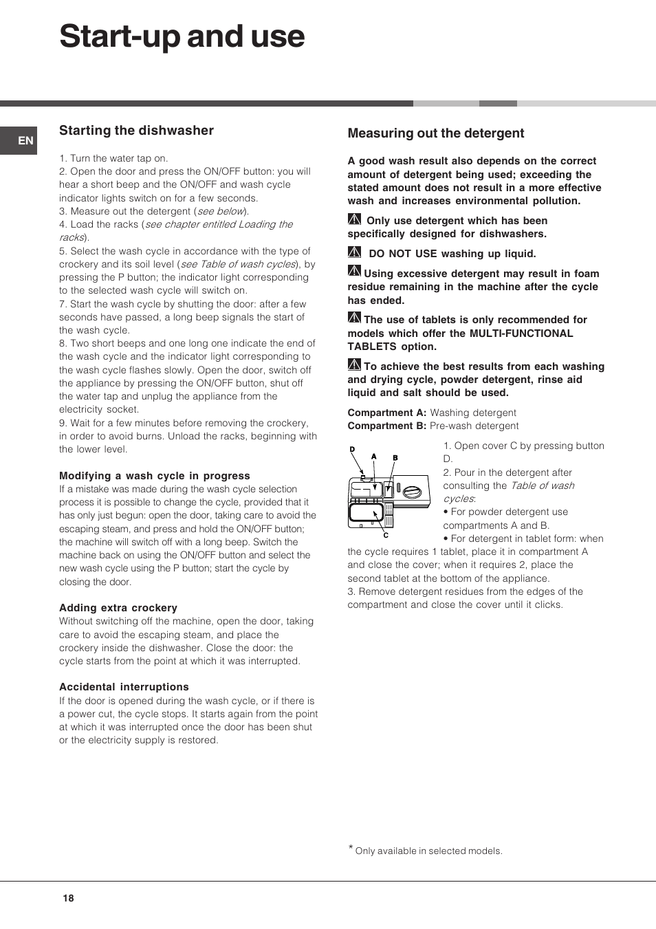 Start-up and use, Measuring out the detergent, Starting the dishwasher | Hotpoint Ariston LST 116 HA User Manual | Page 18 / 84