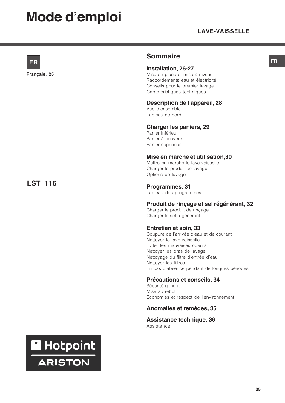 Mode demploi, Lst 116, Sommaire | Hotpoint Ariston LST 116 HA User Manual | Page 25 / 84