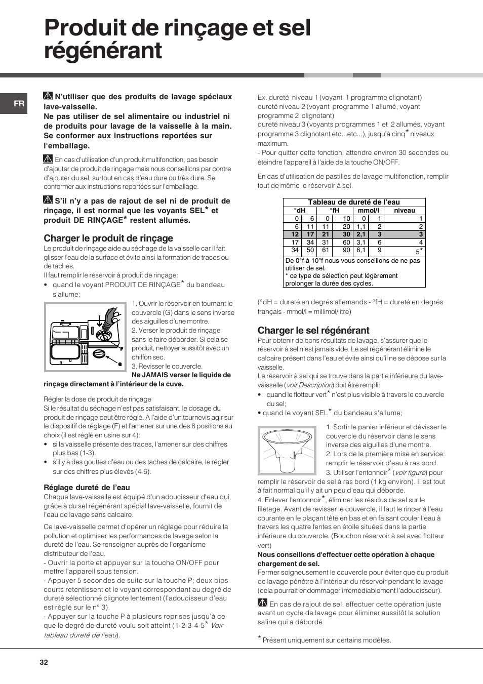 Produit de rinçage et sel régénérant, Charger le produit de rinçage, Charger le sel régénérant | Hotpoint Ariston LST 116 HA User Manual | Page 32 / 84