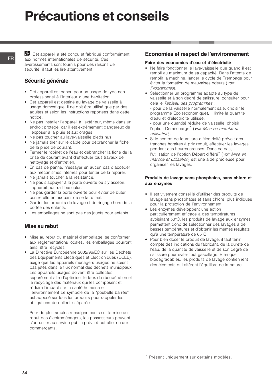 Précautions et conseils, Sécurité générale, Mise au rebut | Economies et respect de lenvironnement | Hotpoint Ariston LST 116 HA User Manual | Page 34 / 84