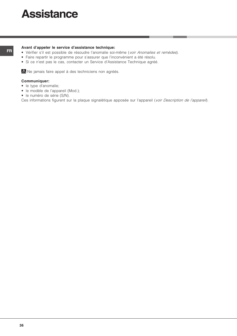 Assistance | Hotpoint Ariston LST 116 HA User Manual | Page 36 / 84