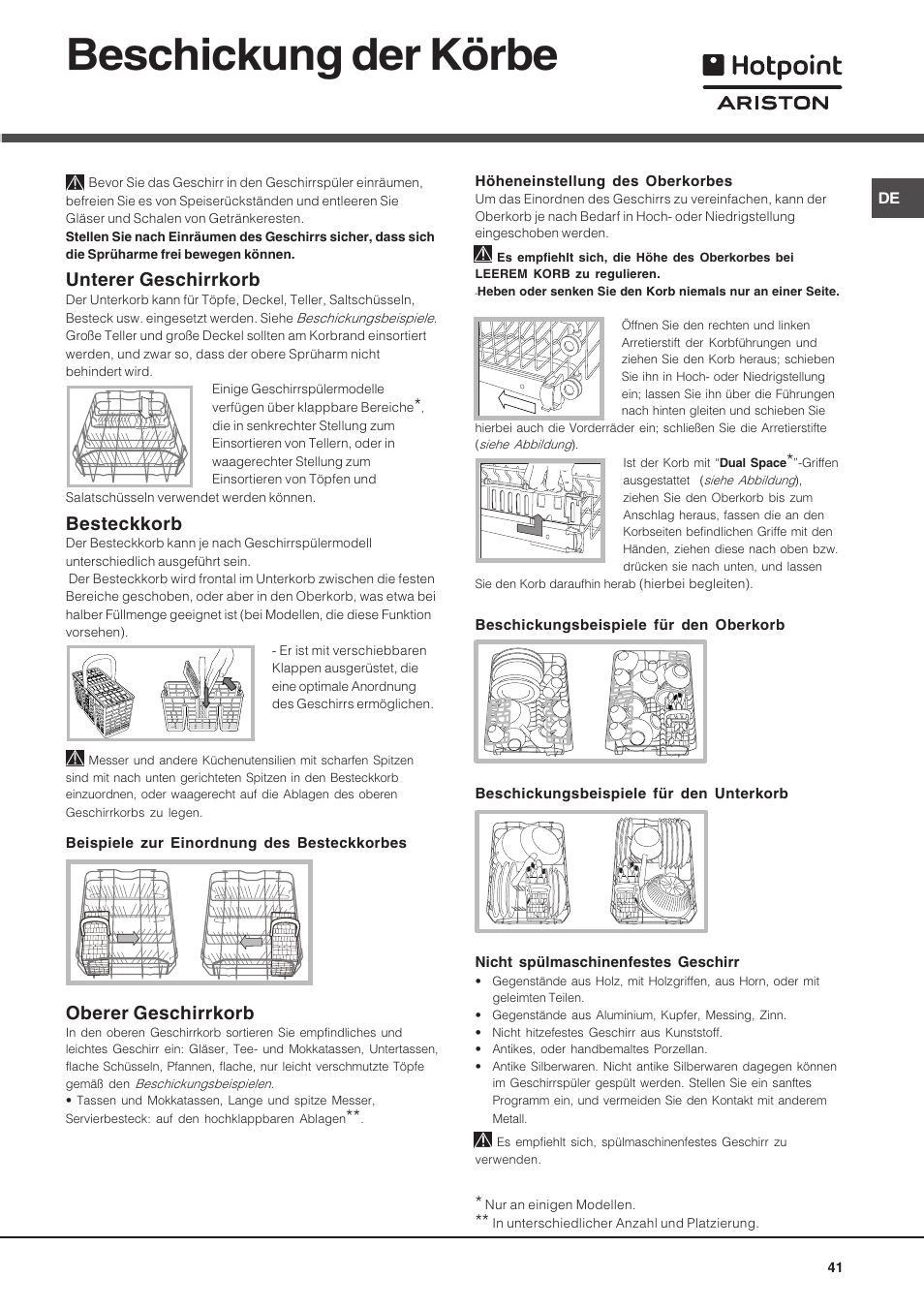 Beschickung der körbe, Unterer geschirrkorb, Besteckkorb | Oberer geschirrkorb | Hotpoint Ariston LST 116 HA User Manual | Page 41 / 84