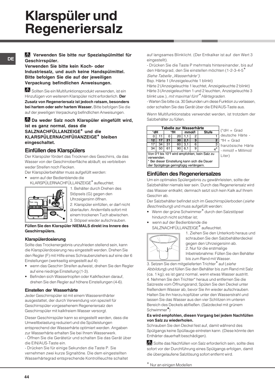 Klarspüler und regeneriersalz, Einfüllen des klarspülers, Einfüllen des regeneriersalzes | Hotpoint Ariston LST 116 HA User Manual | Page 44 / 84