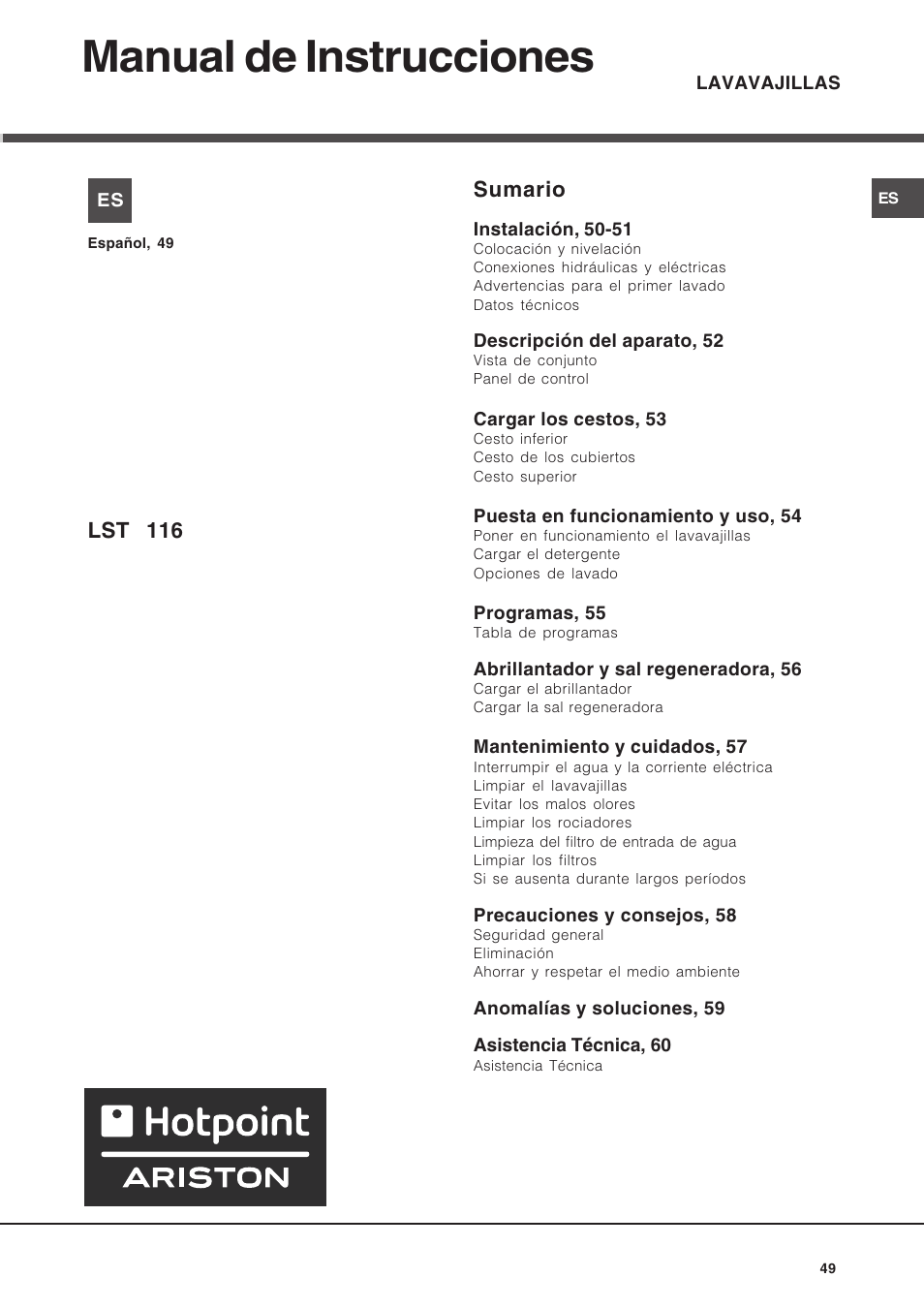Manual de instrucciones, Sumario, Lst 116 | Hotpoint Ariston LST 116 HA User Manual | Page 49 / 84