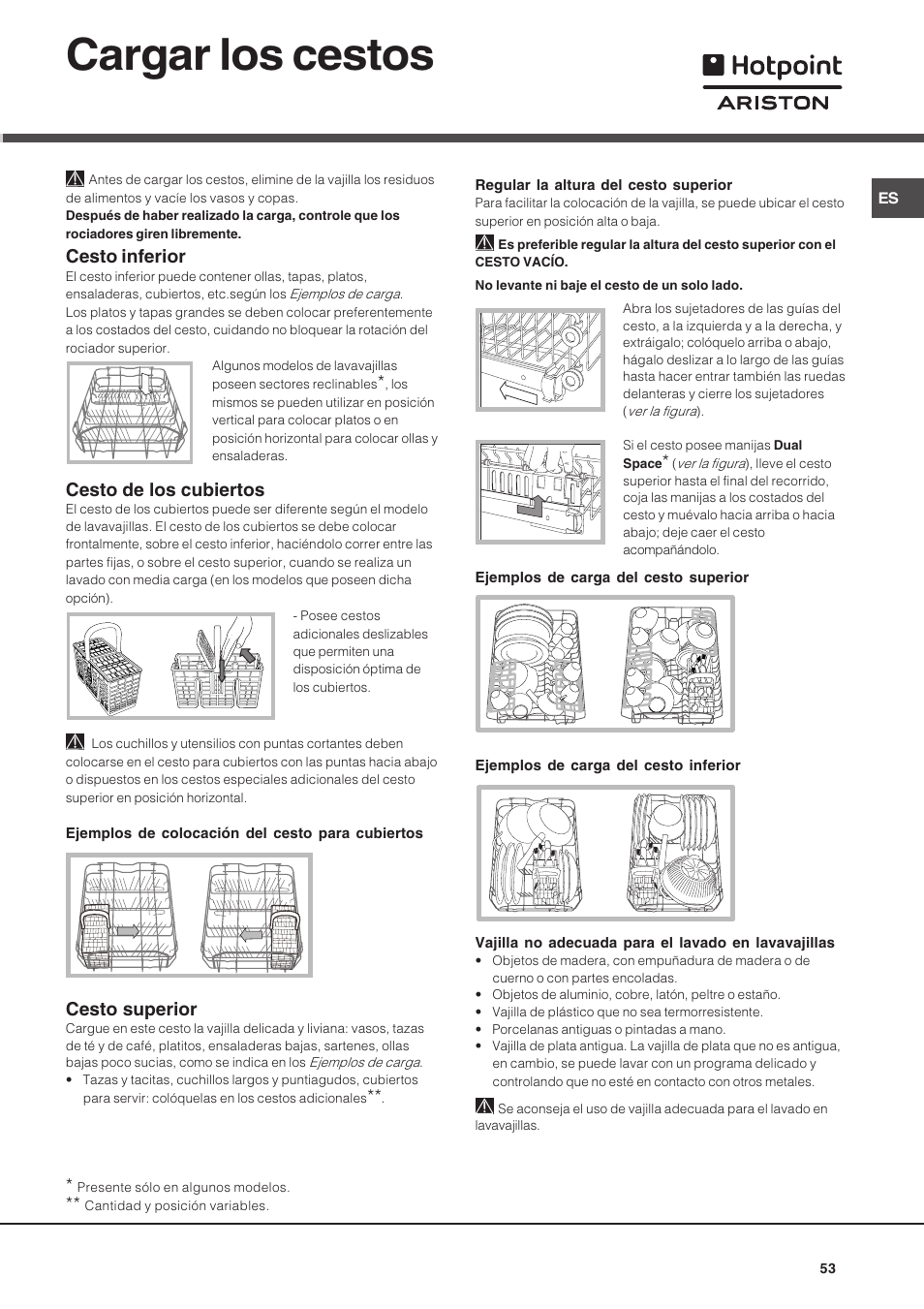 Cargar los cestos, Cesto inferior, Cesto de los cubiertos | Cesto superior | Hotpoint Ariston LST 116 HA User Manual | Page 53 / 84