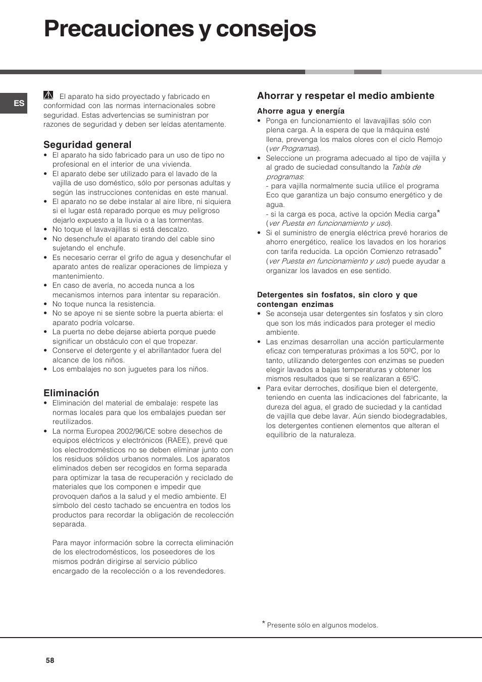 Precauciones y consejos, Seguridad general, Eliminación | Ahorrar y respetar el medio ambiente | Hotpoint Ariston LST 116 HA User Manual | Page 58 / 84