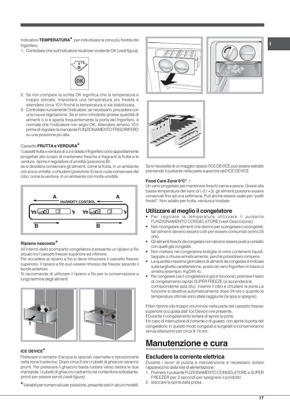 Manutenzione e cura, Utilizzare al meglio il congelatore, Escludere la corrente elettrica | Hotpoint Ariston E4D xx xx User Manual | Page 17 / 52